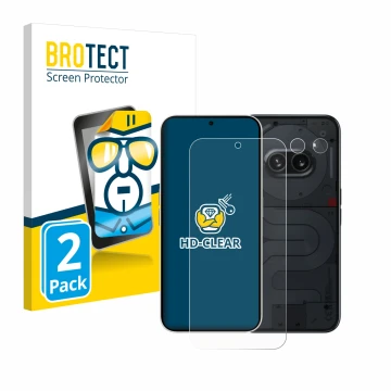 Front side of a product packaging with the brand logo BROTECT. Next to it is the device Nothing Phone (2a) (Front+Camera) show