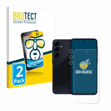 Front side of a product packaging with the brand logo BROTECT. Next to it is the device Samsung Galaxy A55 5G (Front+Camera) s