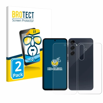 Front side of a product packaging with the brand logo BROTECT. Next to it is the device Samsung Galaxy A55 5G (Front+Back) sho