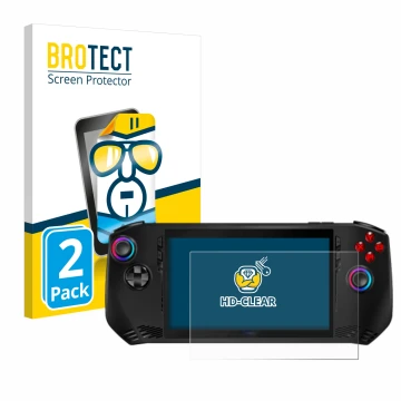 Front side of a product packaging with the brand logo BROTECT. Next to it is the device MSI Claw A1M shown with the correspond