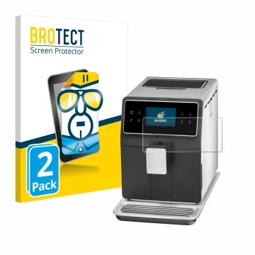 Front side of a product packaging with the brand logo BROTECT. Next to it is the device WMF Perfection 840L shown with the cor