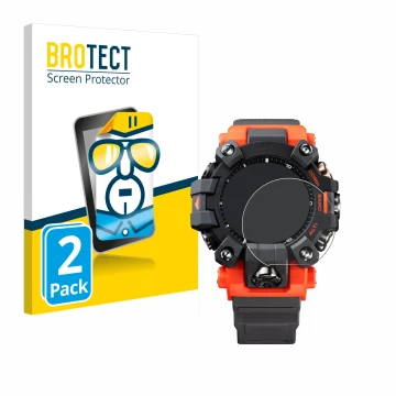 Front side of a product packaging with the brand logo BROTECT. Next to it is the device Casio G-Shock GW-9500 shown with the c