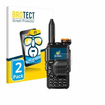 Front side of a product packaging with the brand logo BROTECT. Next to it is the device Quansheng UV-K5 shown with the corresp