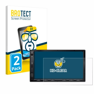 Front side of a product packaging with the brand logo BROTECT. Next to it is the device Atoto F7 WE shown with the correspondi