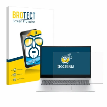 Front side of a product packaging with the brand logo BROTECT. Next to it is the device HP Envy 17 2024 shown with the corresp