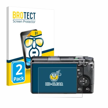 Front side of a product packaging with the brand logo BROTECT. Next to it is the device Ricoh GR IIIx HDF shown with the corre