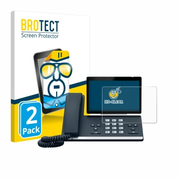 Front side of a product packaging with the brand logo BROTECT. Next to it is the device Yealink SIP-T57W shown with the corres