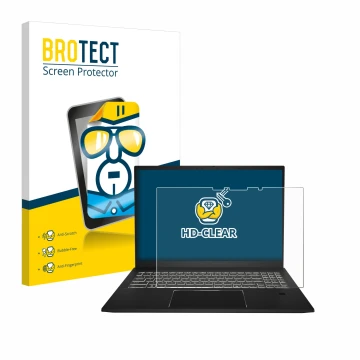 Front side of a product packaging with the brand logo BROTECT. Next to it is the device MSI Summit E16 AI Studio shown with th