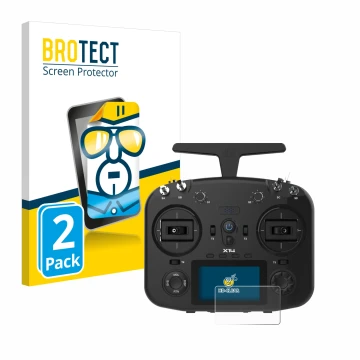 Front side of a product packaging with the brand logo BROTECT. Next to it is the device FrSky TWIN X14 shown with the correspo