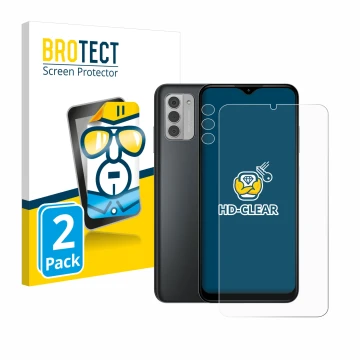 Front side of a product packaging with the brand logo BROTECT. Next to it is the device Nokia G42 5G (Front+Camera) shown with