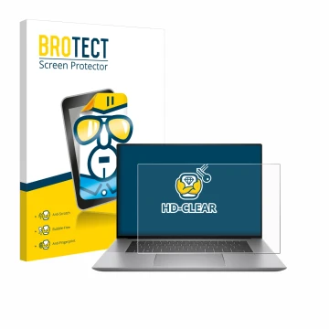 Front side of a product packaging with the brand logo BROTECT. Next to it is the device HP Zbook Studio 16 G10 shown with the 