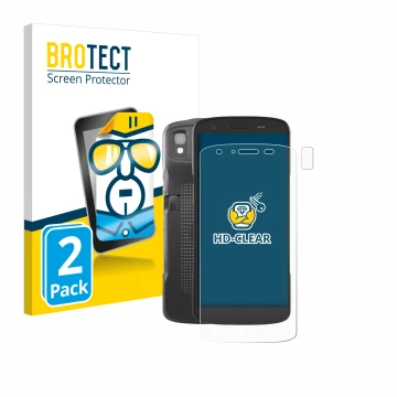 Front side of a product packaging with the brand logo BROTECT. Next to it is the device Zebra TC22 (Front+Camera) shown with t