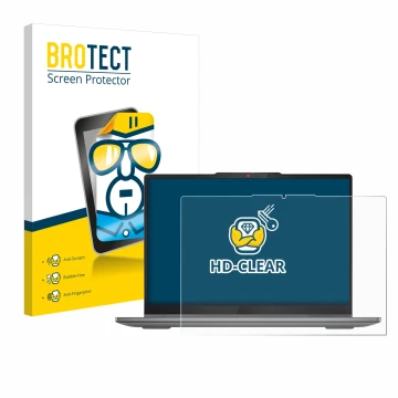Front side of a product packaging with the brand logo BROTECT. Next to it is the device Lenovo IdeaPad 5 2-in-1 14AHP9 shown w