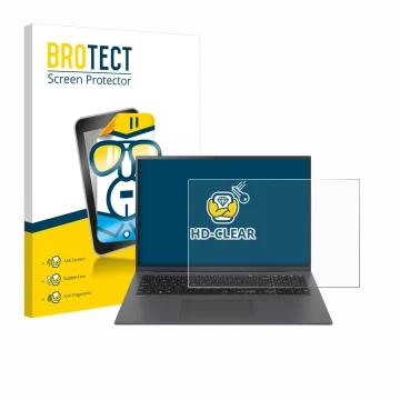 Front side of a product packaging with the brand logo BROTECT. Next to it is the device LG gram 17