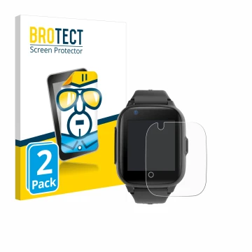 Front side of a product packaging with the brand logo BROTECT. Next to it is the device Leotec Kids Allo Plus 4G shown with th