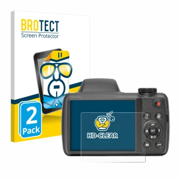Front side of a product packaging with the brand logo BROTECT. Next to it is the device Kodak Pixpro AZ528 shown with the corr