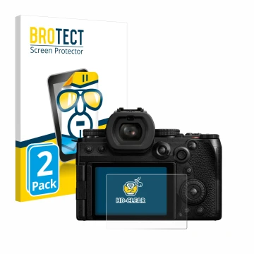 Front side of a product packaging with the brand logo BROTECT. Next to it is the device Panasonic Lumix DC-S5II shown with the