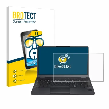 Front side of a product packaging with the brand logo BROTECT. Next to it is the device Fujitsu Lifebook U9312 shown with the 
