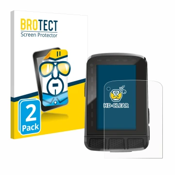 Front side of a product packaging with the brand logo BROTECT. Next to it is the device Wahoo Elemnt Roam V2 GPS shown with th