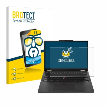 Front side of a product packaging with the brand logo BROTECT. Next to it is the device Lenovo ThinkPad X13 2-in-1 Gen 5 shown