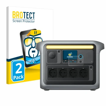 Front side of a product packaging with the brand logo BROTECT. Next to it is the device Anker SOLIX C1000X shown with the corr