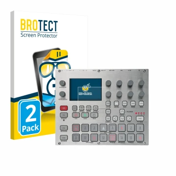 Front side of a product packaging with the brand logo BROTECT. Next to it is the device Elektron Syntakt E25 Remix Edition sho