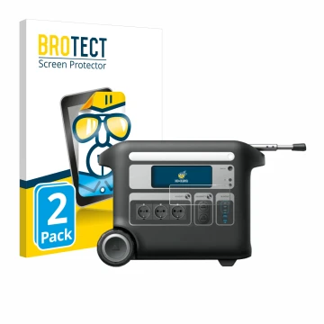 Front side of a product packaging with the brand logo BROTECT. Next to it is the device Anker SOLIX F2000 shown with the corre