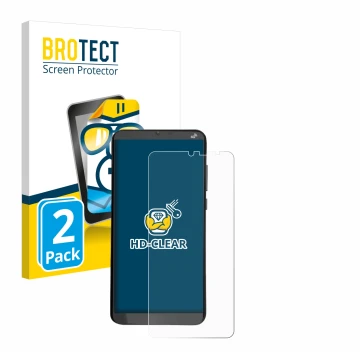 Front side of a product packaging with the brand logo BROTECT. Next to it is the device Brondi Amico XL shown with the corresp