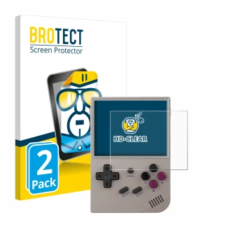Front side of a product packaging with the brand logo BROTECT. Next to it is the device Anbernic RG35XX Plus shown with the co