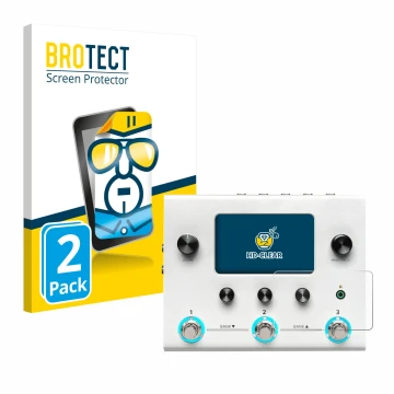 Front side of a product packaging with the brand logo BROTECT. Next to it is the device Hotone Ampero II Stomp shown with the 