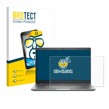 Front side of a product packaging with the brand logo BROTECT. Next to it is the device Dell Latitude 5350 Laptop shown with t