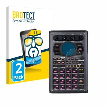 Front side of a product packaging with the brand logo BROTECT. Next to it is the device Roland SP-404MKII shown with the corre