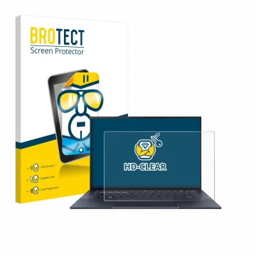 Front side of a product packaging with the brand logo BROTECT. Next to it is the device ASUS ExpertBook B9 B9403 shown with th