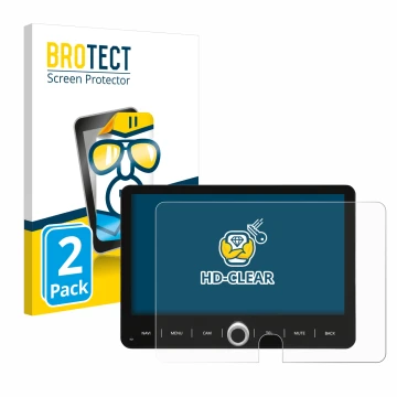 Front side of a product packaging with the brand logo BROTECT. Next to it is the device Dynavin D9-T5TP shown with the corresp
