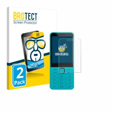 Front side of a product packaging with the brand logo BROTECT. Next to it is the device Nokia 235 4G (2024) shown with the cor