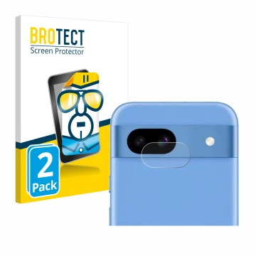 Front side of a product packaging with the brand logo BROTECT. Next to it is the device Google Pixel 8a (ONLY Camera Lens) sho