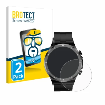 Front side of a product packaging with the brand logo BROTECT. Next to it is the device Sanorum Smartwatch 1.39