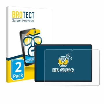 Front side of a product packaging with the brand logo BROTECT. Next to it is the device Blackview Tab 90 WiFi shown with the c