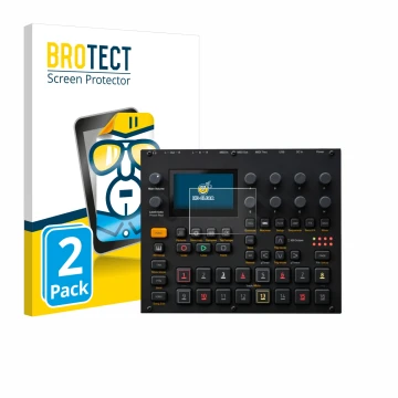 Front side of a product packaging with the brand logo BROTECT. Next to it is the device Elektron Digitakt II shown with the co
