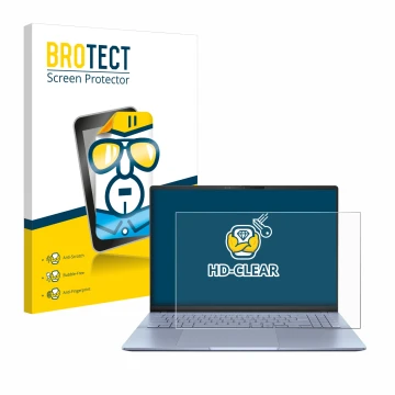 Front side of a product packaging with the brand logo BROTECT. Next to it is the device ASUS Vivobook S16 OLED S5606 shown wit