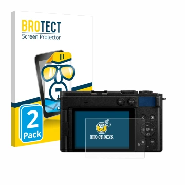 Front side of a product packaging with the brand logo BROTECT. Next to it is the device Panasonic Lumix DC-S9 shown with the c