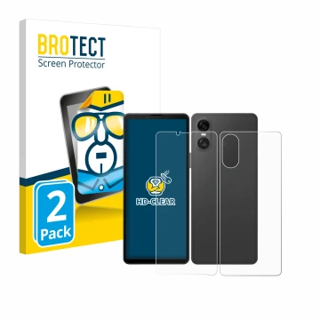 Front side of a product packaging with the brand logo BROTECT. Next to it is the device Sony Xperia 10 VI (Front+Back) shown w