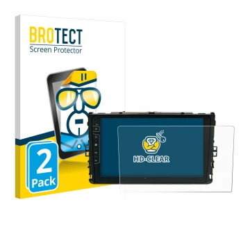 Front side of a product packaging with the brand logo BROTECT. Next to it is the device Dynavin D9-T6 shown with the correspon