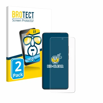 Front side of a product packaging with the brand logo BROTECT. Next to it is the device Xiaomi Poco F6 Pro shown with the corr