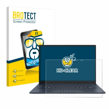 Front side of a product packaging with the brand logo BROTECT. Next to it is the device ASUS ZenBook 14 OLED UX3405 Touch show