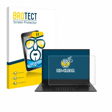 Front side of a product packaging with the brand logo BROTECT. Next to it is the device ASUS ZenBook 14 OLED UM3406 shown with