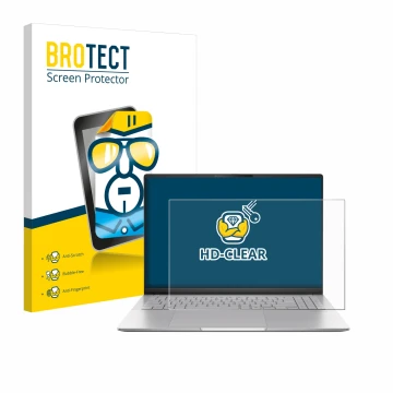 Front side of a product packaging with the brand logo BROTECT. Next to it is the device ASUS Vivobook S16 OLED M5606 shown wit