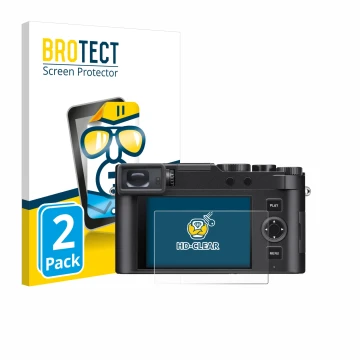 Front side of a product packaging with the brand logo BROTECT. Next to it is the device Leica D-Lux 8 shown with the correspon