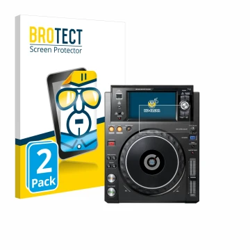 Front side of a product packaging with the brand logo BROTECT. Next to it is the device Pioneer XDJ -1000MK2 shown with the co