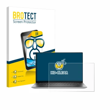 Front side of a product packaging with the brand logo BROTECT. Next to it is the device Dell XPS 15 9530 Non-Touch shown with 